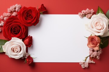 Frame made of rose flowers on red background. Flat lay, top view, copy space, AI Generated
