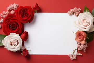 Poster Frame made of rose flowers on red background. Flat lay, top view, copy space, AI Generated © Mediapro