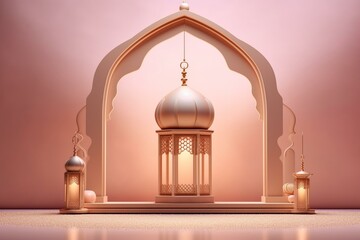 Beautiful Islamic podium with lantern for Ramadan. Muslim invitation and Eid Mubarak celebration. Religion background. Generative AI