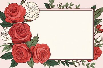 Frame with red roses and leaves on a light background, Vector illustration, Ai Generated