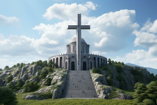 Monumental Christian mausoleum with a large cross and landscape or religious image, created using advanced technology. Generative AI