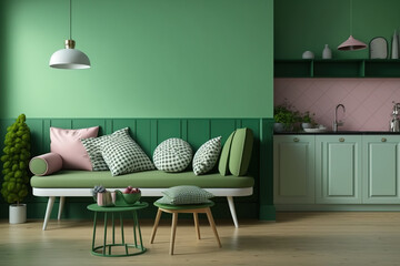 Overlooking a green sofa with pillows on a parquet floor is an empty green wall. Interior of kitchen set, dining table and chair, no people. Generative AI