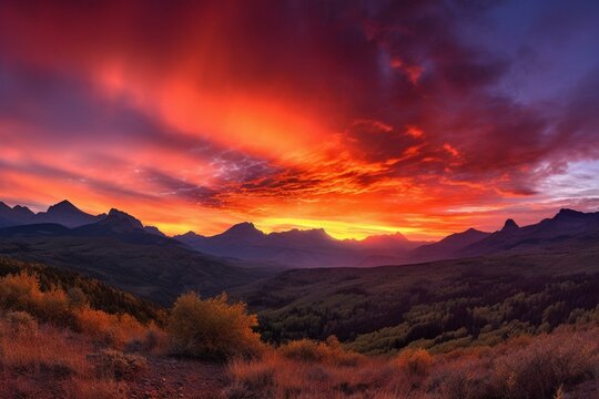A beautiful sunrise painting the sky in vibrant hues over majestic peaks. Generative AI