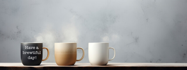 mugs with drinks and steam on grey background. coffee mood and quote, inspirational concept. 