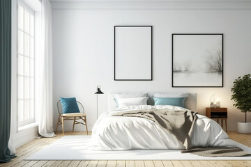 Fototapeta na wymiar Wooden Floor Bedroom Mockup. Empty Frame on Wall is Best for Art or Print Mockups. Generative AI