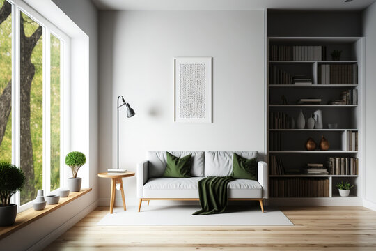 Corner view of a large living room with a picture window, couch, coffee table, bookshelf, empty white wall, and hardwood floor. minimalism. Generative AI