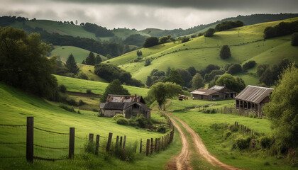 Idyllic rural landscape with farmhouse, meadow, and mountain range in Asturias generated by AI