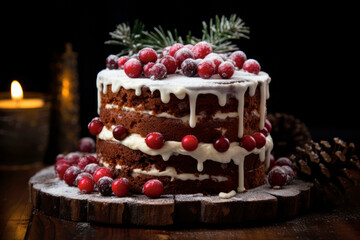 Festive Christmas Rustic Cake: A Delectable Culinary Masterpiece Adorned with Red Berries and Pinecones, Perfectly Set in a Traditional Yuletide Scene.

