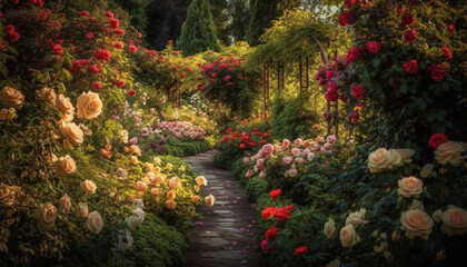 Tranquil scene of vibrant colors in nature formal garden generated by AI