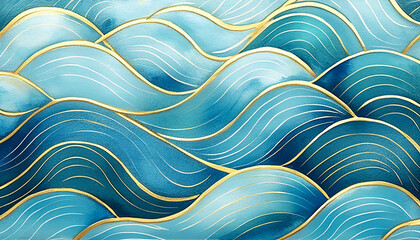 Magical fairytale ocean waves cartoon. Unique blue and gold wavy swirls of magic water. Fairytale navy and yellow sea waves art. Children’s book waves painting illustration for kids nursery