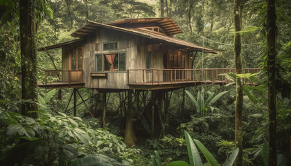 Fototapeta na wymiar Rustic hut on stilts in tranquil tropical rainforest landscape generated by AI