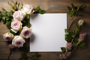 White and pink roses on a wooden background with a blank sheet of paper, Ai Generated