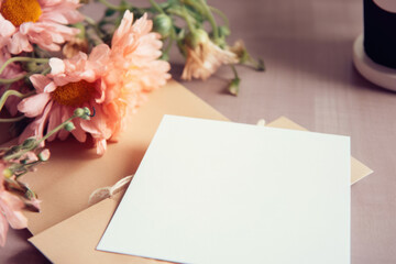 Greeting card on table, copy space. 