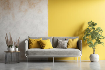 Couch and copy space are in a concrete living room with a yellow wall. Concept for design and style. Generative AI
