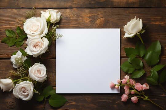 White roses on a brown wooden background with a blank sheet of paper, Ai Generated