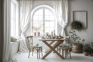 Farmhouse dining room, all-white project draft. Plaster walls, bohemian interior,. Generative AI