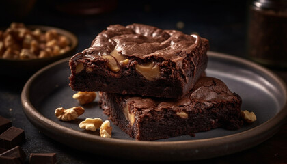 A stack of homemade dark chocolate brownies on rustic table generated by AI - obrazy, fototapety, plakaty