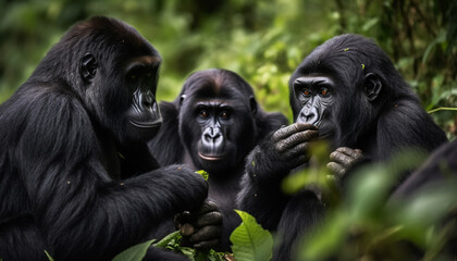 Fototapeta premium Primate family in African rainforest monkeys, gorillas, and bonobos generated by AI