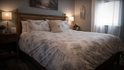 Cozy modern bedroom with comfortable double bed and elegant decor generated by AI