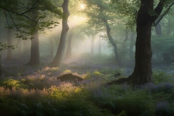 Enchanting woodland at dawn. Generative AI