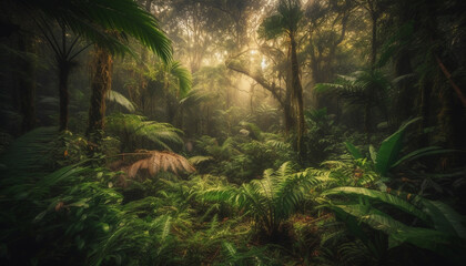 Lush green forest, tropical rainforest, tranquil scene, palm tree, sunlight generated by AI - obrazy, fototapety, plakaty