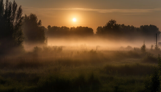 Tranquil scene  foggy meadow, sunrise paints nature beauty in orange generated by AI