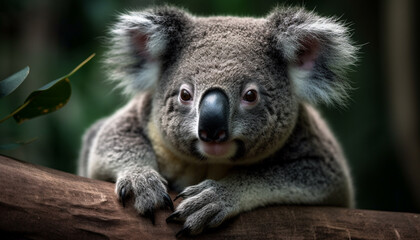 Obraz premium Cute koala sleeping on eucalyptus tree, peaceful nature portrait generated by AI