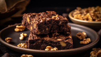 Freshness and indulgence in a homemade dark chocolate walnut brownie generated by AI - obrazy, fototapety, plakaty