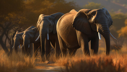 Elephants roam freely in the African wilderness, a majestic sight generated by AI