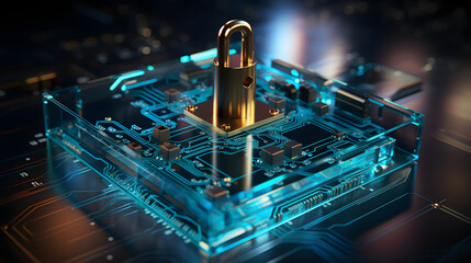Cyber security concept: circuit board with closed padlock icon on it. Blue padlock with circuit line futuristic design. 
