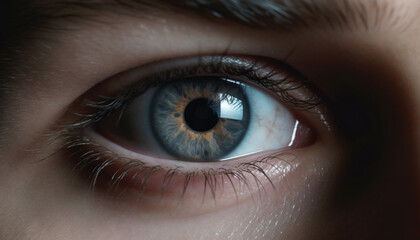 Fototapeta premium Close up of a young woman blue eye, staring into the camera generated by AI