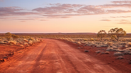 Australia red sand unpaved road and 4x4 at sunset Francoise Peron Shark Bay - obrazy, fototapety, plakaty