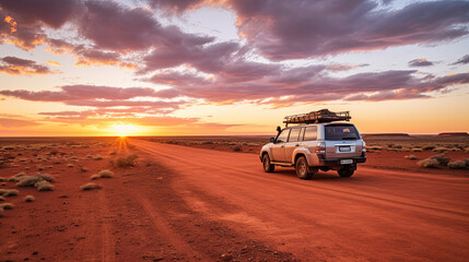 Fototapeta na wymiar Australia red sand unpaved road and 4x4 at sunset Francoise Peron Shark Bay