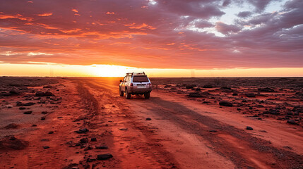Fototapeta na wymiar Australia red sand unpaved road and 4x4 at sunset Francoise Peron Shark Bay