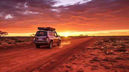 Fototapeta na wymiar Australia red sand unpaved road and 4x4 at sunset Francoise Peron Shark Bay