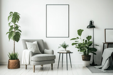 A white apartment with a plant on the table has a patterned recliner next to an empty poster. Authentic image with room for your graphic. Generative AI
