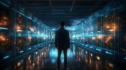 Internet network and cybersecurity of data center. Data engineer using biometrics technology in a server room to access data connecting with database 
