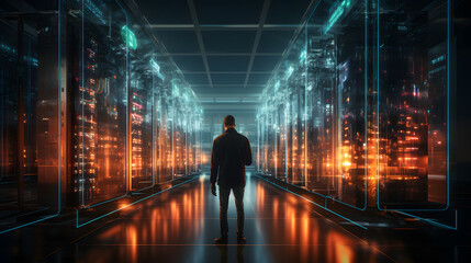 Internet network and cybersecurity of data center. Data engineer using biometrics technology in a server room to access data connecting with database 

