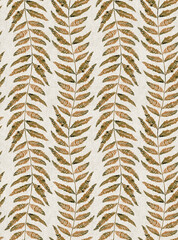 Watercolor stripe leaf seamless pattern on gold leaf and linen textured background.