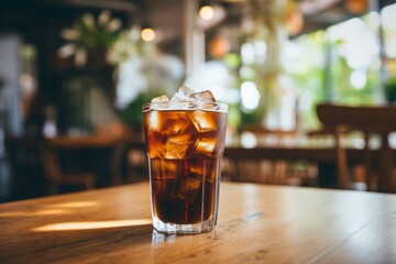 A refreshing glass of cold brew coffee, served on a rustic wooden table with a backdrop of a quaint coffee shop, capturing the essence of a relaxed afternoon