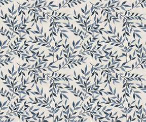 seamless watercolor pattern with leaves branches, blue leaves branches and flowers, freehand drawing in pencil illustration, seamless pattern