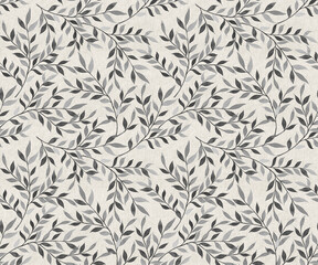 seamless watercolor pattern with leaves branches, grey leaves branches and flowers, freehand drawing in pencil illustration, seamless pattern