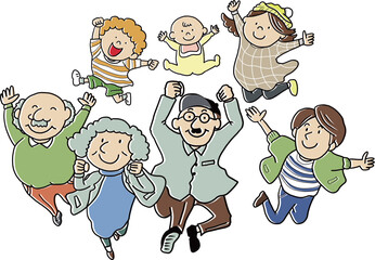 ジャンプするハイテンションのシンプルでかわいい親子孫3世代の家族のイラスト