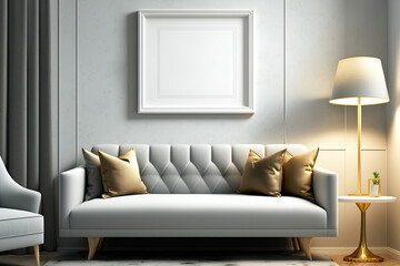illustration, Mockup photo frame on living room wall, Comfortable interior with luxury sofa, beautiful furniture, bedroom in background,. Generative AI