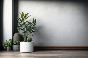 Empty space with wooden floor against concrete wall and potted plants. Generative AI