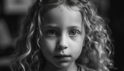 Cute Caucasian child, with curly hair, looking at camera, smiling generated by AI