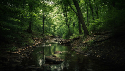 Tranquil scene of a lush green forest, flowing water reflects sunlight generated by AI