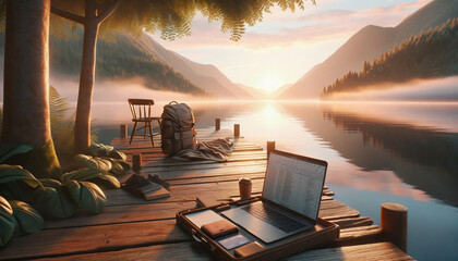 A tranquil scene of a digital nomad working beside a calm lake during sunrise - obrazy, fototapety, plakaty
