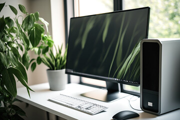 Blank desktop PC in home office. Generative AI