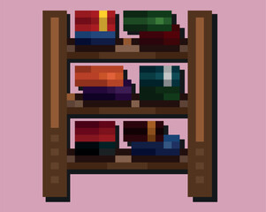 8-bit pixel art library bookshelf, vectorized pixel art bookshelf.